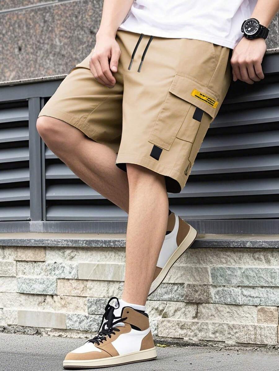 1pc Men's Summer Outdoor Solid Color Pocket Drawstring Waist Cargo Shorts - Khaki - View 1