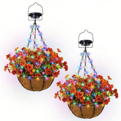 Solar-Powered Hanging Basket Lights , 2-Pack With 10-Inch UV-Resistant Rayon-Like Daisy Flowers & Solar RG String Lights , Outdoor Plug-Free , For Wedding Porch Garden Christmas Halloween , Easy Install , Plastic Solar Panel