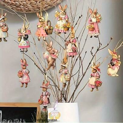 12-Piece Vintage Easter Bunny Wooden Ornament Set - Pink Bunny Decorative Ornaments With Flowers And A Basket, Perfect For Home And Garden Decorations, Party Decorations, Spring Decorations, And Easter Decorations.