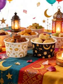 10个黑色和金色纸质月亮星星杯，一次性纸碗，月亮星星灯笼图案纸质食品托盘，适用于厨房用品、家庭聚会、野餐、餐厅、中东节日派对、新月主题派对装饰 - 彩色 - 查看 4