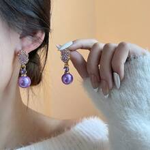 1对时尚奢华紫色珍珠水钻叶子设计女士耳环，优雅百搭 - 彩色 - 查看 2