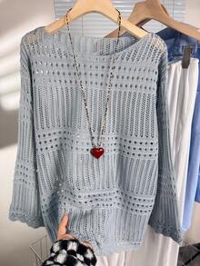 Women's Loose Knit Hollow Crochet Cover Up, Round Neck Long Sleeve Lightweight Sheer Top, Spring/Summer - Blue-gray - View 7