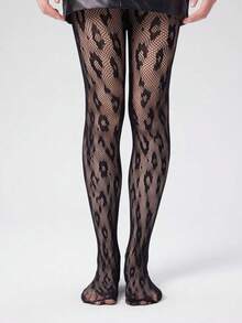 1 Pair Plus Size Women's Fashionable Sexy Leopard Print Fishnet Tights, Opaque Leopard Print Leggings, Suitable For Pairing With Skirts And Shorts For Parties And Formal Events - Black - View 9