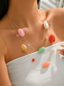 1 szt. Modny damski kolorowy naszyjnik z żywicy kryształowej z podwójnymi warstwami, długi, odpowiedni do noszenia na co dzień - wielobarwność - Zobacz 2