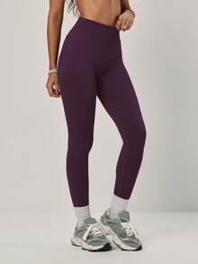 PinkTip 1件装女士纯色极简骑行运动裤，户外徒步瑜伽健身跑步紧身打底裤，收腰塑形提臀弹簧 - 紫色 - 查看 3