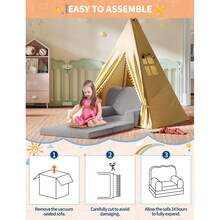 Sofá Infantil con Espuma de Alta Densidad, Cierre Oculto y Base Antideslizante, Sofá Cama Portátil para Niños y Niñas, Ideal para Sala de Juegos, Guardería o como Regalo, Color Gris - Gris - Ver 4