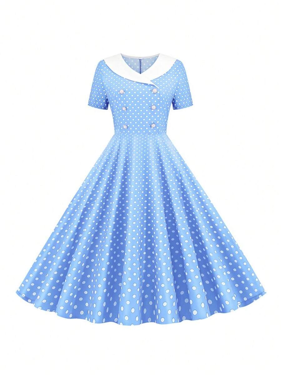 Women's 50s Vintage Polka Dot Swing Dress - Double Breasted Notch Lapel Rockabilly Cocktail Midi Dress - 淺藍色 - 查看 1