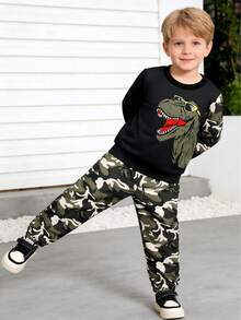 2pcs/Set Boys Camo Dinosaur Print Crew Neck Long Sleeve Sweatshirt And Camo Drawstring Pants Outfit, Fashionable Outdoor Sports Suit For Spring/Autumn - Black - View 2