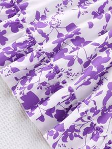 少女春夏碎花连衣裙，方领泡泡袖褶裥腰身宽松飘逸荷叶边下摆，儿童时尚可爱休闲公主裙 - 紫色 - 查看 5