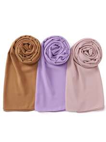 3件套女士纯色珍珠雪纺优雅滚边传统穆斯林头巾套装 - 彩色 - 查看 7