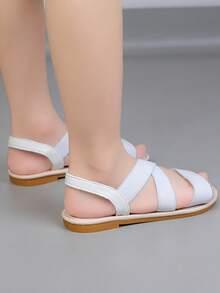 1 đôi dép xăng đan đế bằng cho bé gái, mẫu mới mùa xuân/hè 2026, quai thun, đế mềm, kiểu dáng thường ngày, nhanh khô, dép thể thao, giày đi biển hở mũi tối giản thời trang. - trắng - Xem 9