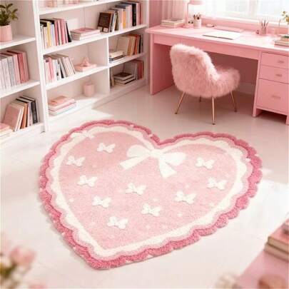 1pc Pink & White Heart Shaped Bow Decor Soft Comfortable Carpet, Ins Style Rug, Novelty Fashion Design, Valentine's Day Home Decor, Sofa Seat Carpet, Bedroom Decoration, Small Rug, Modern Creative Fashion Carpet, Living Room Rug, Bedroom Rug, Outdoor Rug, Washable Rug, Soft Machine Washable, Suitable For Living Room, Office, Cafe And Balcony Decor, Gift For Family And Friends
