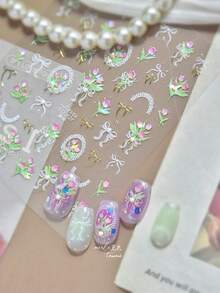1 Bộ Miếng Dán Móng Tay Thủ Công Cao Cấp Đính Đá Pha Lê, Thiết Kế Hoa Tulip, Phụ Kiện Làm Móng - Nhiều màu - Xem 3