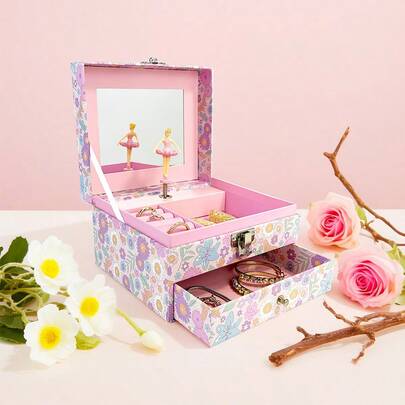 1pc Square Paper Music Box With Drawer, Purple Sunflower & Floral Design, Refreshing Lavender Style With Mirror And Rotating Figurine, Home Decor & Storage For Small Items, Suitable For Valentine's Day, Birthday, Wedding, Party Gifts