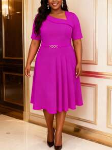 Vestido de línea A elegante, diseño de cuello asimétrico, talla grande, adecuado para diversas ocasiones como eventos, reuniones de la iglesia, trabajo, negocios, ropa formal de moda para mujeres - rosa roja - Ver 2