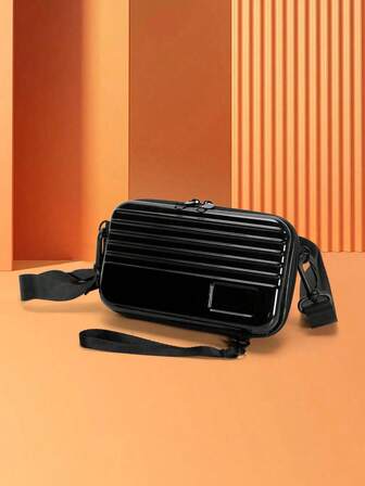 Bolso bandolera de concha dura para hombres, adecuado para el regreso a la escuela, atuendos del campus, viajes cortos, salidas de moda diarias, estilo de maleta pequeña, material de PVC, textura brillante, diseño de concha dura geométrico, bolso de moda para hombres, nuevo bolso bandolera, diseño compacto y ligero, bolso bandolera para estudiantes universitarios jóvenes