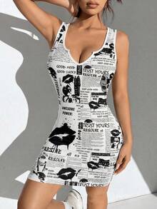 复古报纸字母印花无袖紧身迷你连衣裙，Y2K街头风休闲夏日连衣裙 - 彩色 - 查看 5