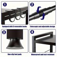Extendable Black Kitchen Rack: 2 Tier Structure, 40 - 65cm, With 6 Hooks For Microwave Oven Holder, Utility Racks, Utility Racks - Black - View 4