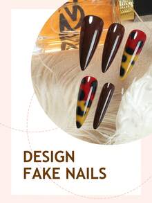 24片Y2K豹纹亚克力美甲贴片，花卉长方形/尖头按压式美甲套装，DIY棕色假指甲，配3D金链、珠子和花朵装饰，适合美甲沙龙、女孩、女士日常佩戴、节日和礼品美甲用品 - 彩色 - 查看 6