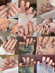 10Pcs Handmade European & American Style Nail Stickers With Heart, Star, Pearl, Bow Decor - Glossy Nude & Black Dual Color, Short Almond Shape, Elegant Design Artificial Nails Suitable For Women & Girls. Includes 1Pc Gel Polish & 1Pc Nail File. Valentine'S Day Press On Nails Nail Supplies Nails(Random Delivery) - 隨機的 - 查看 4