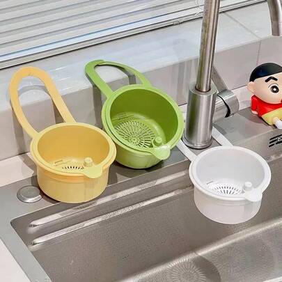 1pc Hanging Sink Basket, Sink Strainer, Hands-Free Kitchen Strainer, Self-Cleaning Faucet Mounted Drainer Basket, Automatic Food Waste Drainer Basket - Plastic Sink Storage Basket With Adjustable Hanging Device, Separate Filtration System And Button-Style Drainage Design - Suitable For Kitchen And Bathroom - Easy To Clean Drainer Basket, Modern Sink Accessory, Efficient Drainage