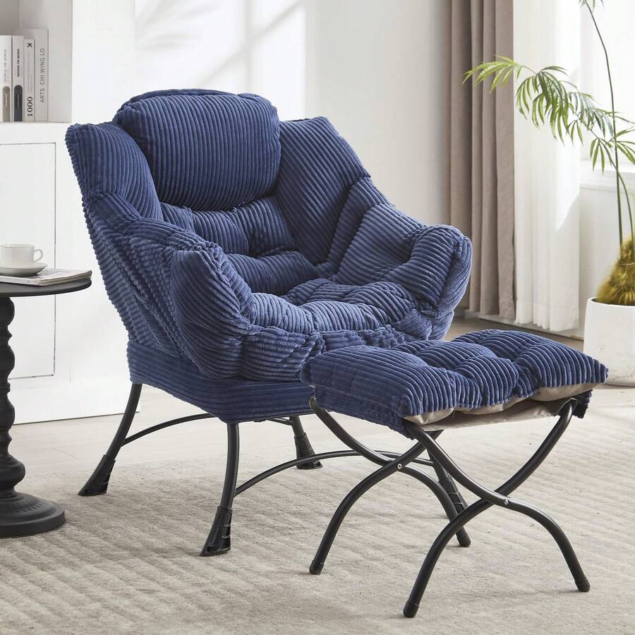Lazy Chair With Ottoman, Modern Lounge Accent Chair With Armrests And A Side Pocket, Leisure Upholstered Sofa Chair Reading Chair With Footrest For Small Space, Corner Chair(Navy Blue) - Màu xanh hải quân - Xem 1