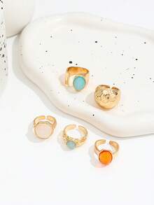 Juego de 5 anillos de estilo vintage europeo y americano de lujo con adornos de strass, set de anillos anchos de metal asimétricos, joyería para mujer - Amarillo Oro - Ver 4