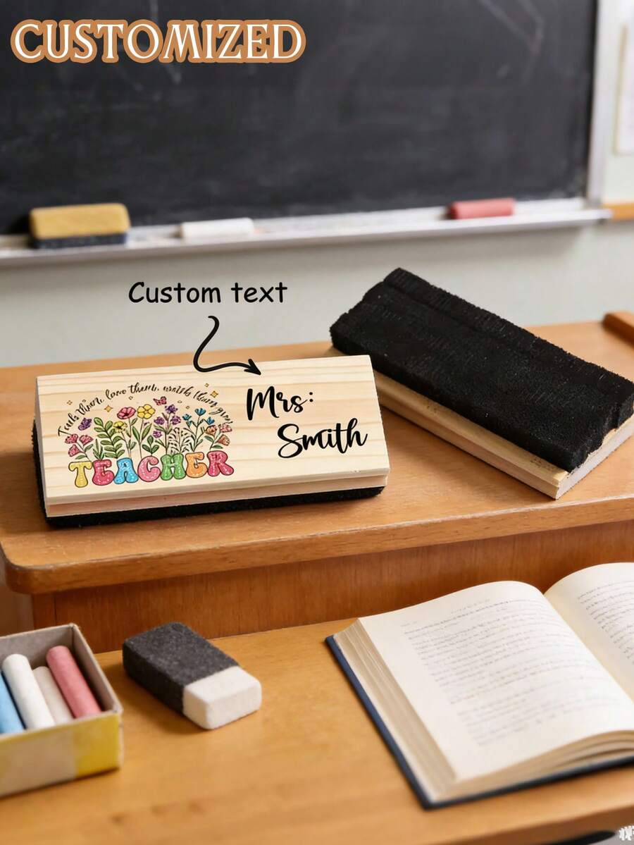 1pc Custom Premium Wooden Blackboard Eraser, Sturdy Felt Cleaner With Cute Patterns, Dust Free For Classrooms/ Glass. Ideal For Teaching, Office & Home Use. Perfect Teacher's Gift For Teacher's Day/Graduation/Back To School. - Multicolor - View 1