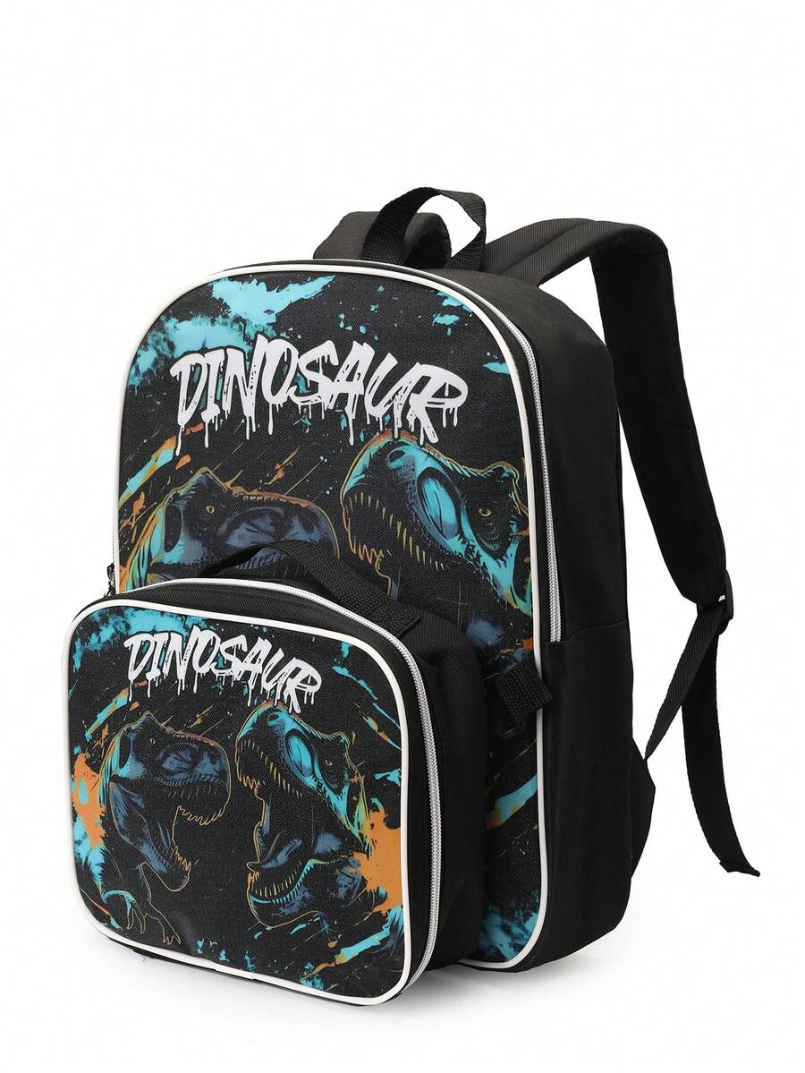 Kids' Fashion Backpack & Lunch Bag Set, Race Car Design, Classic Artistic Illustration, Adjustable Padded Shoulder Straps, Zipper Closure, Reusable Lunch Box With Zipper And Handle, Casual Backpack For Boys - Dinosaur Two-piece Set - View 1