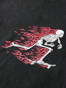 Laixton Men's Pattern T-Shirt Unisex Cotton Oversized T-Shirt Short Sleeve Retro Streetwear Casual T-Shirt Top Comfortable Washed Cotton T-Shirt - 大型滑板黑色 - 查看 4