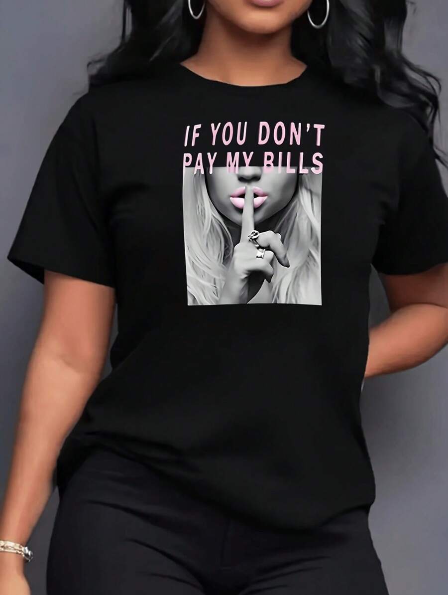 WomenS Graphic Print T-Shirt - Short Sleeve Crew Neck If You Dont Pay My Bills Design Black Casual Top For SpringSummer - Black - View 1