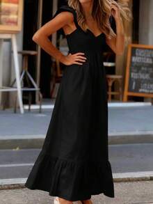 Vestidos largos elegantes para mujer con mangas de vuelo, de unicolor rojo, para vacaciones, de primavera/verano - Negro mate - Ver 6