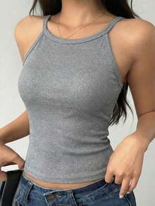 Women's Solid Color Fitted Cropped Camisole - Grey - View 2