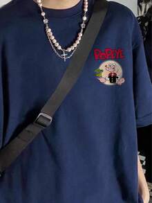 Navy Blue Contrast Cartoon Print Casual Loose Versatile Commuting Unisex Heavyweight All-Match Tee, Suitable For Students And Women, Spring/Summer - Navy Blue - View 4