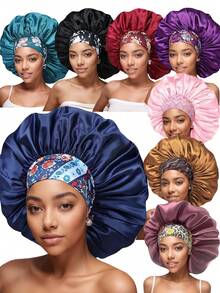 1/2/6顶装女士纯色宽檐弹力帽，缎面材质，有助于保护头发，专为卷发设计。卷发专用帽。 - 均碼 - 查看 14