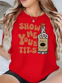 Botella de vodka con estampado de manchas de leopardo que simboliza una actitud divertida y confianza femenina camiseta de mujer 100% algodón casual cómoda y moderna - Rojo - Ver 1