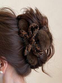 1pc Retro Leopard Print Bow Claw Hair Clip, Elegant Hair Claw Barrette Suitable For Women Daily Use