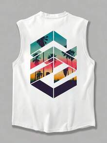 1件男士印花圆领休闲背心，夏季 - 白色 - 查看 3