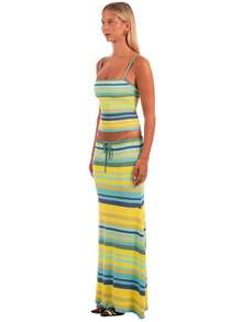 Women's Two-Piece Skirt Set, New For Summer, Featuring A Striped Sleeveless Camisole Top And A Slim-Fitting Long Skirt, Perfect For Y2K-Style Vacation And Casual Outings. - 黃色 - 查看 8