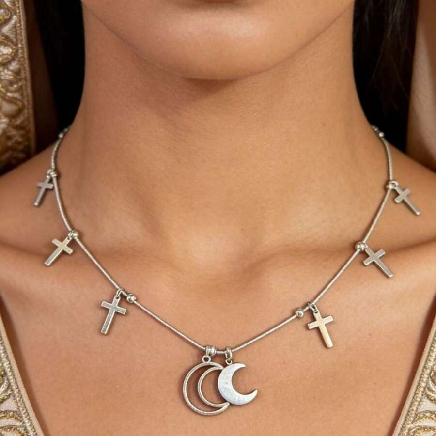 1件套开斋节时尚休闲月亮十字架吊坠项链，适合女性日常佩戴、新娘婚礼派对、节日礼物