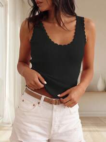 Womens Summer Sleeveless Tank Tops V Neck Ruffle Lightweight Ribbed Knit Shirt Casual Going Out Top - Black - View 1