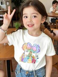 This Round-Neck Summer T-Shirt Features Designs Of Disney Princesses Rapunzel, , And Belle, And Is Suitable For Both Boys And Girls. It's Perfect For Holiday Parties, Family Gatherings, Outdoor Activities, Travel, And As A Gift For Children Visiting Disneyland. - 白色 - 查看 1
