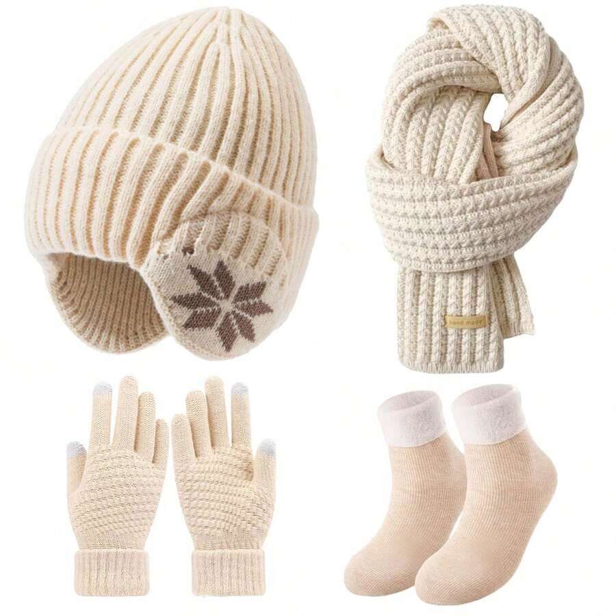 4pcs Women Winter Hat, Scarf, Gloves, Socks Set - Warm Knitted Beanie With Ear Flaps, Touchscreen Gloves, Long Knitted Scarf, Warm Long Socks, Suitable For Girls In Winter, Unisex Winter Accessories - Multicolor - View 1