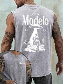 Men's Printed Vintage Washed Vest, Loose Fit, Casual Street Style, An Essential Everyday Item. - Xám - Xem 1