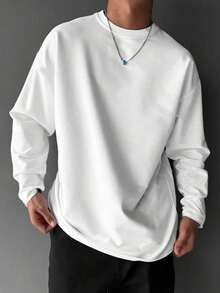 Men's Solid-Color Casual Long-Sleeved T-Shirt, Multi-Functional, Spring/Autumn, Autumn Long T-Shirt, Solid-Color Long-Sleeved Shirt Without Printed Patterns - 白色 - 查看 1