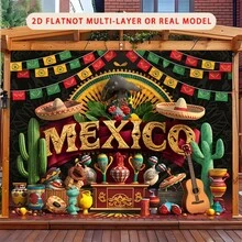 2D平面单件墨西哥主题涤纶派对横幅 - 充满活力的墨西哥派对装饰,包含仙人掌、墨西哥帽和宽边帽。非常适合家居和墙面装饰,是派对和礼品的理想之选。 - 1件 - 查看 3