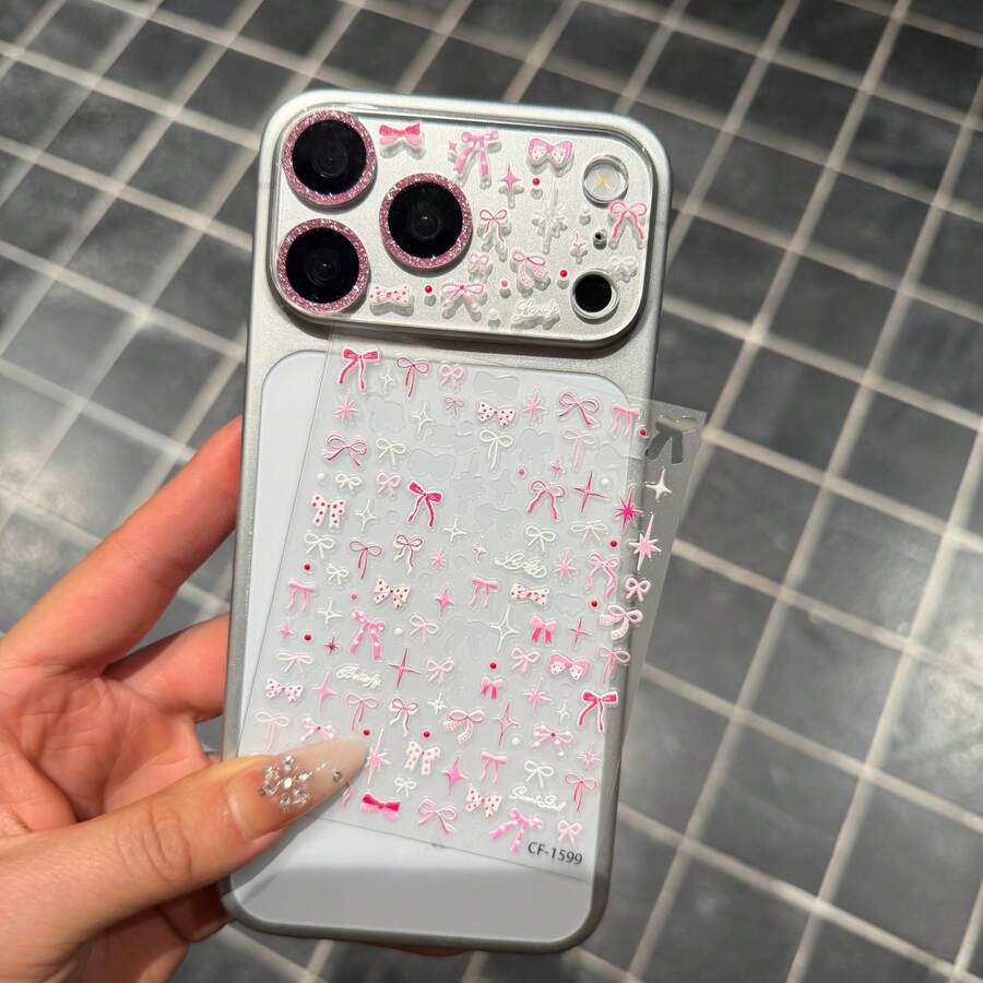 Bow Embossed Sticker + Shiny High-Definition Rear Camera Tempered Glass Lens Film, Compatible With Apple 17 Pro Max, Apple 17 Pro Phones, With Protective Layer, Minimalist Design - Glitter Lens Film + Bow Sticker - View 1
