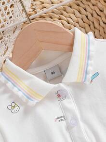 Young Girl Cartoon Print Polo Collar Half Placket Casual Everyday Petal Sleeve T-Shirt - White - View 3