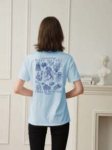 Women's Summer T-Shirt With Marine Life Print, Casual Holiday Style, Versatile, Round Neck, Short Sleeves, Fashionable Summer Colors - 淺藍色 - 查看 3