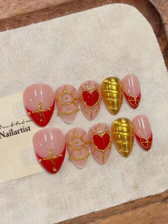 10 piezas de uñas acrílicas de aplicación manual | Forma de almendra | Estilo francés con perlas y cerezas lindas Y2K | Uñas con polvo cromado dorado estilo gótico de San Valentín | Rosa, rojo, blanco, adecuado para mujeres y niñas con decoración de rhinestones DIY, edición de lujo